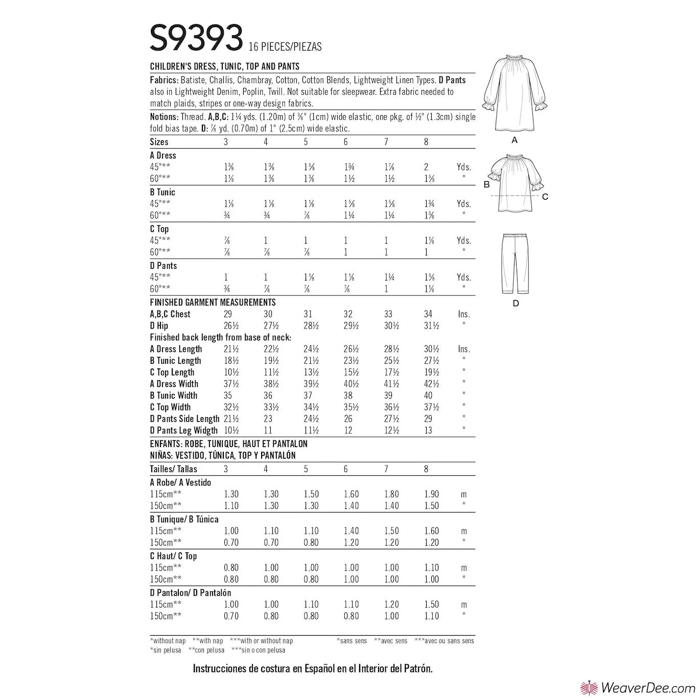 Simplicity Pattern S9393 Children's Dress, Tunic, Top & Trousers