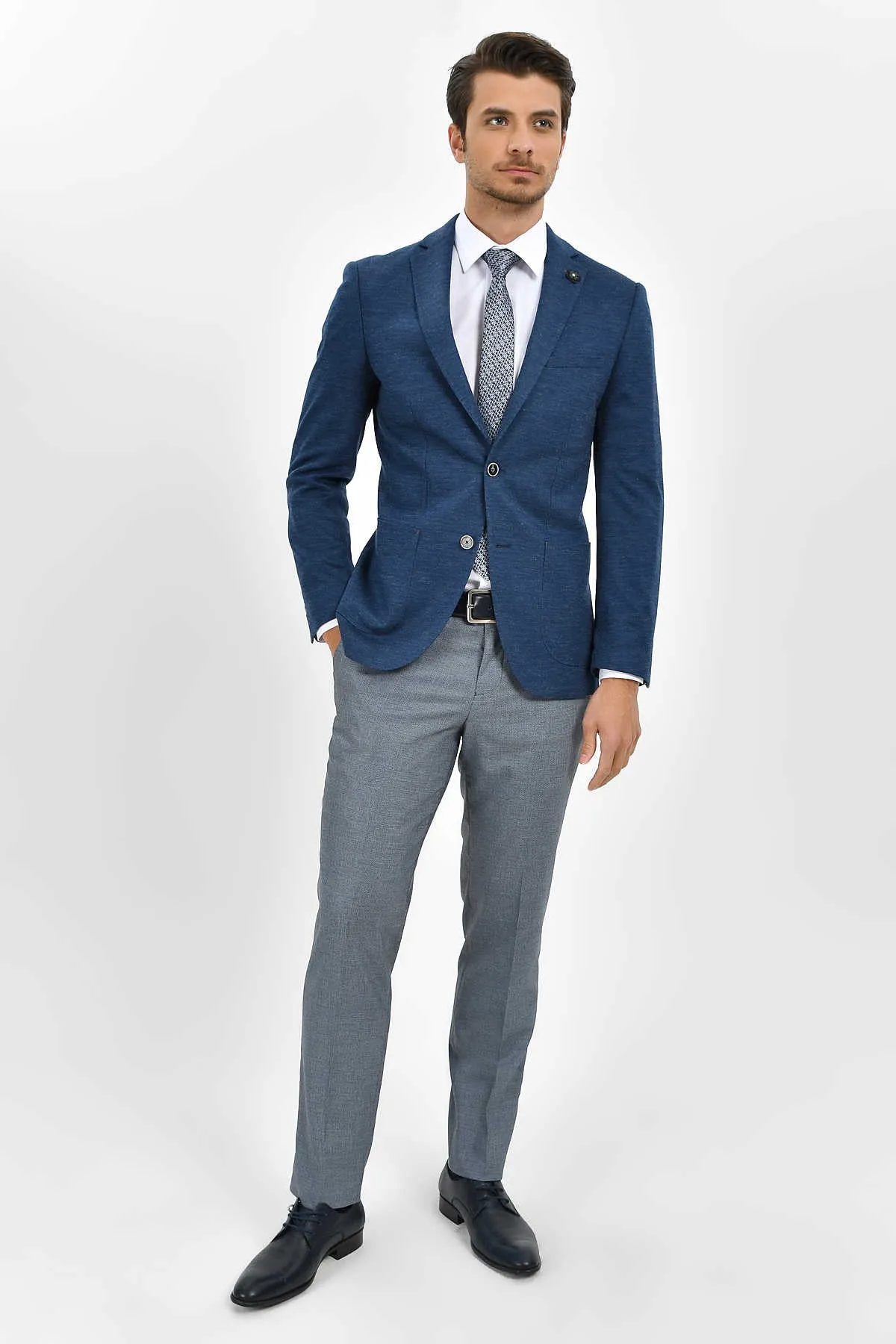 Slim Fit Light Navy Side Pocket Low Waist Wool Dress Pants