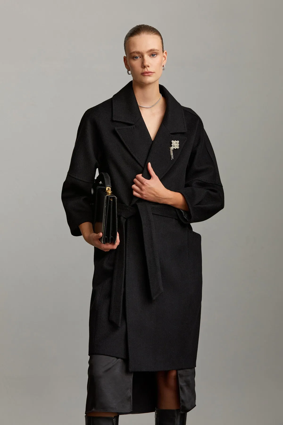 Slim Fit Sofia Notch Lapel Belted Cachet Wool Coat