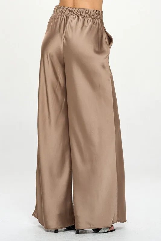 Stretch Satin Pants w/ Elastic Waist and Pockets.