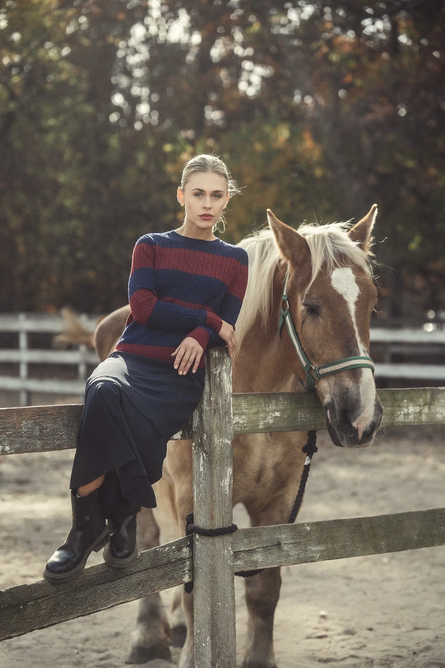 Striped Cable Sweater-Navy/Maroon