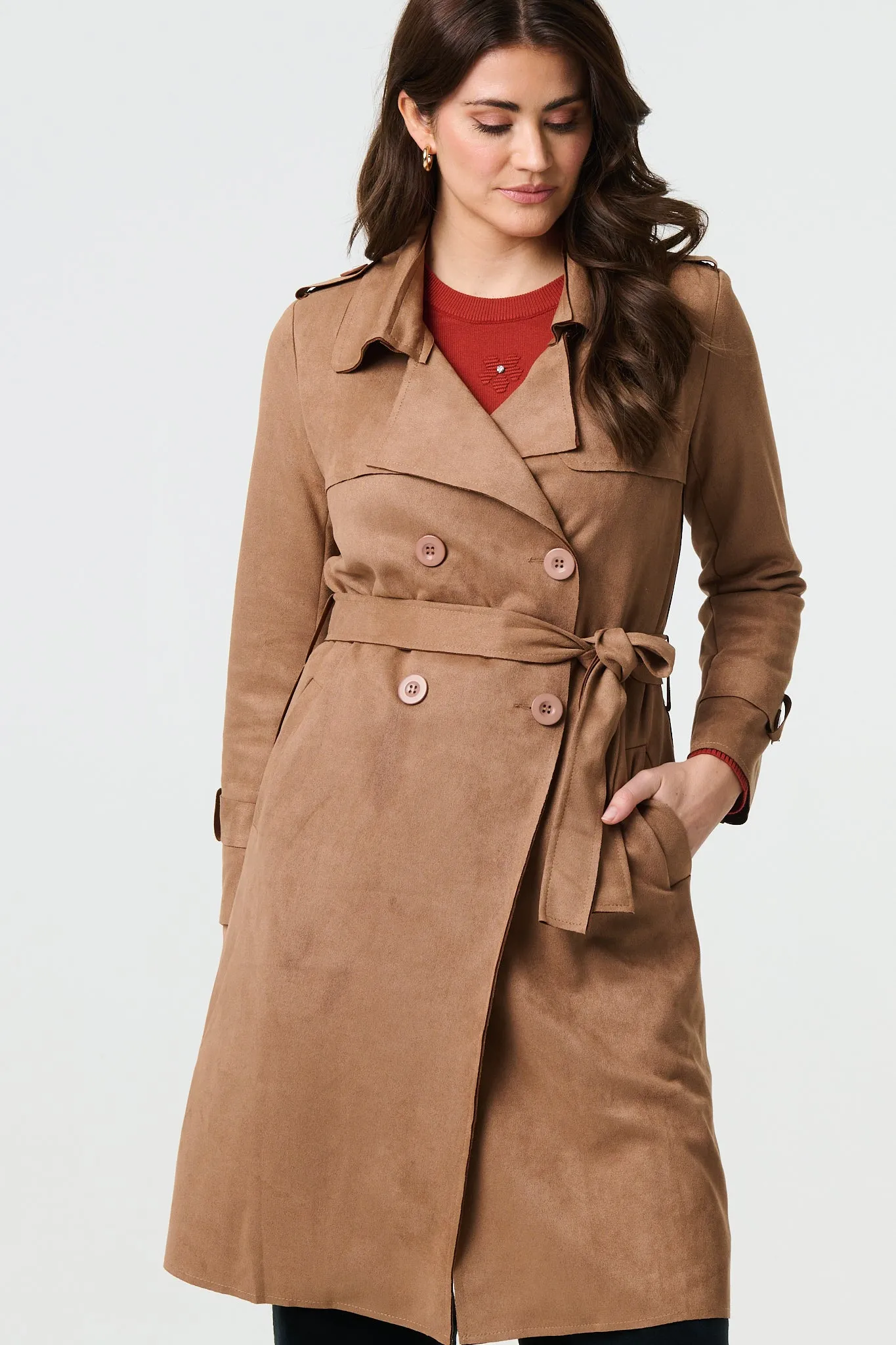 Suede Tie Waist Button Front Trench Coat