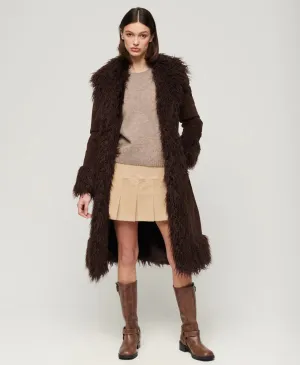 Superdry - Faux Fur Lined Longline Afghan Coat Coffee Bean Brown