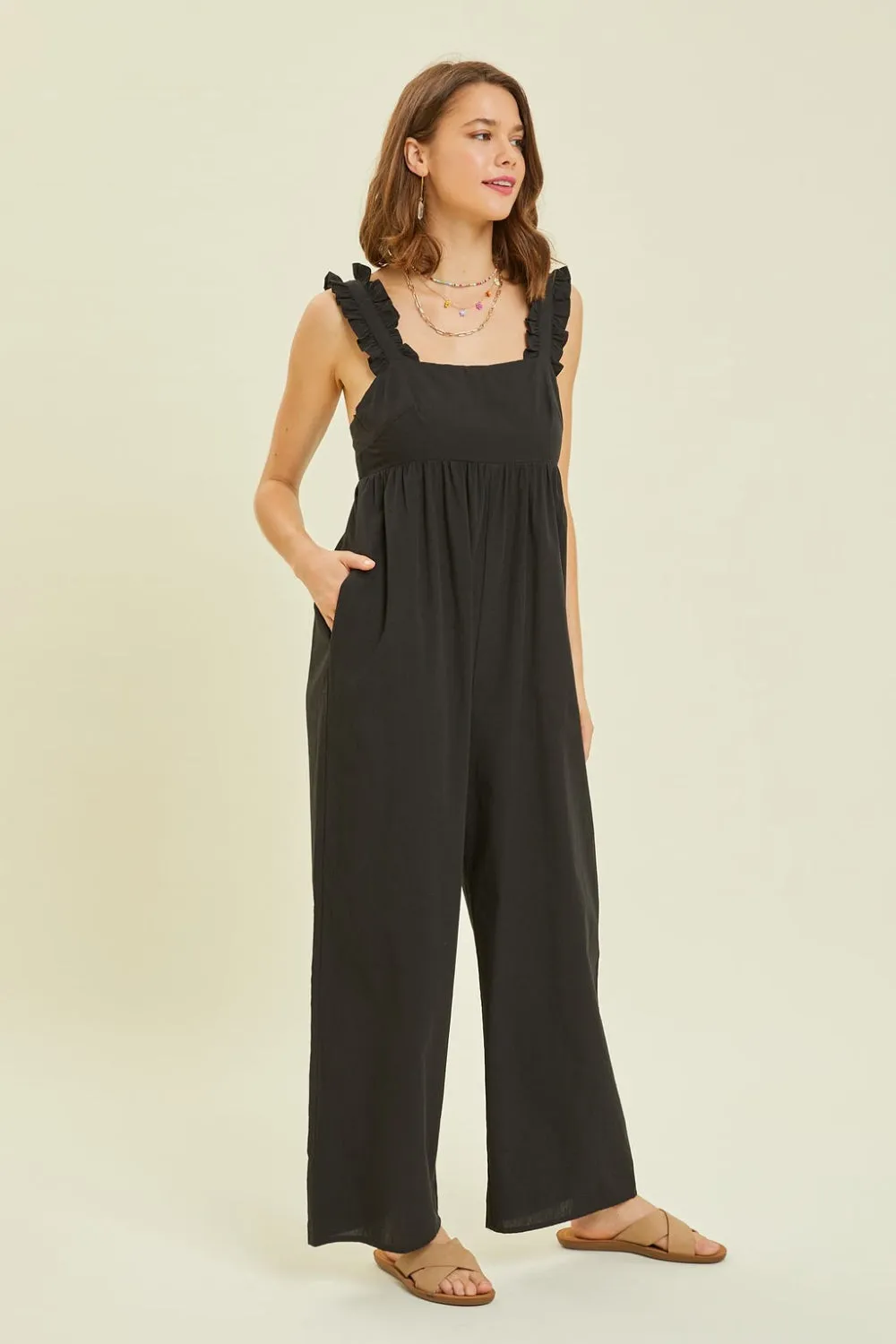 TEEK - Black Strap Back Tie Wide Leg Jumpsuit