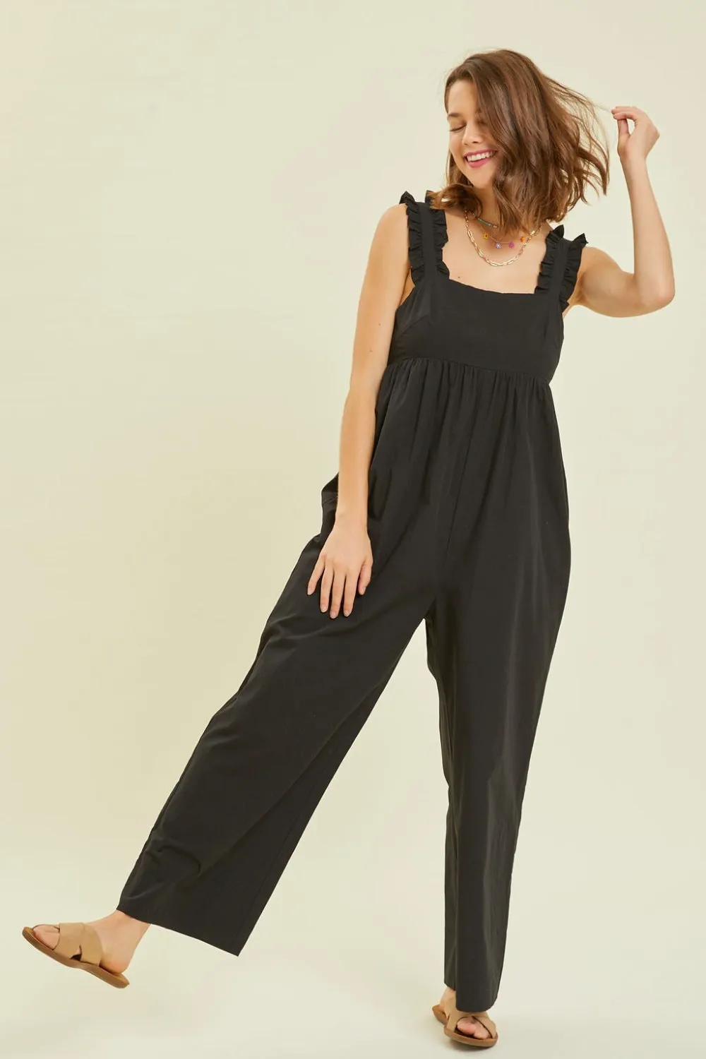 TEEK - Black Strap Back Tie Wide Leg Jumpsuit