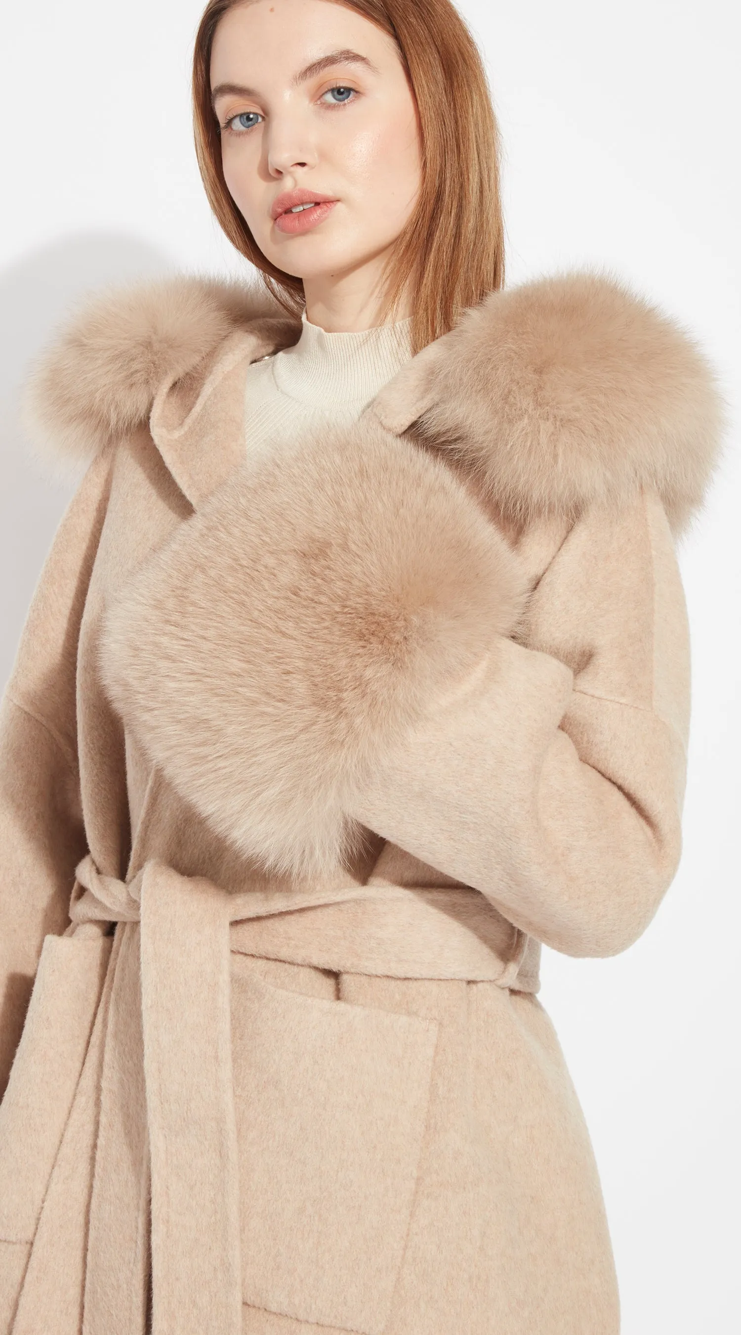 The London Cashmere & Fox Fur Belted/Cuffed Coat - Golden Beige