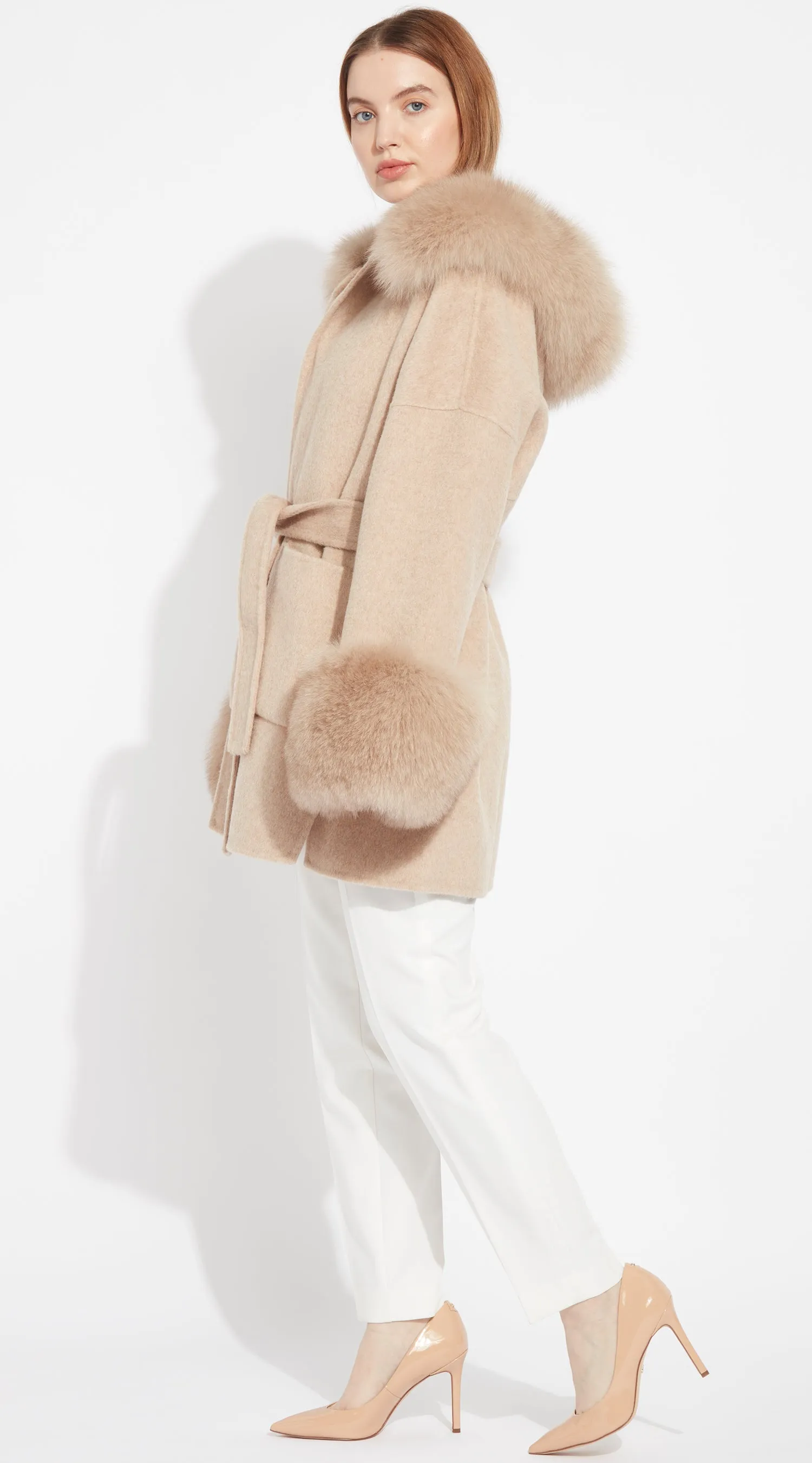 The London Cashmere & Fox Fur Belted/Cuffed Coat - Golden Beige