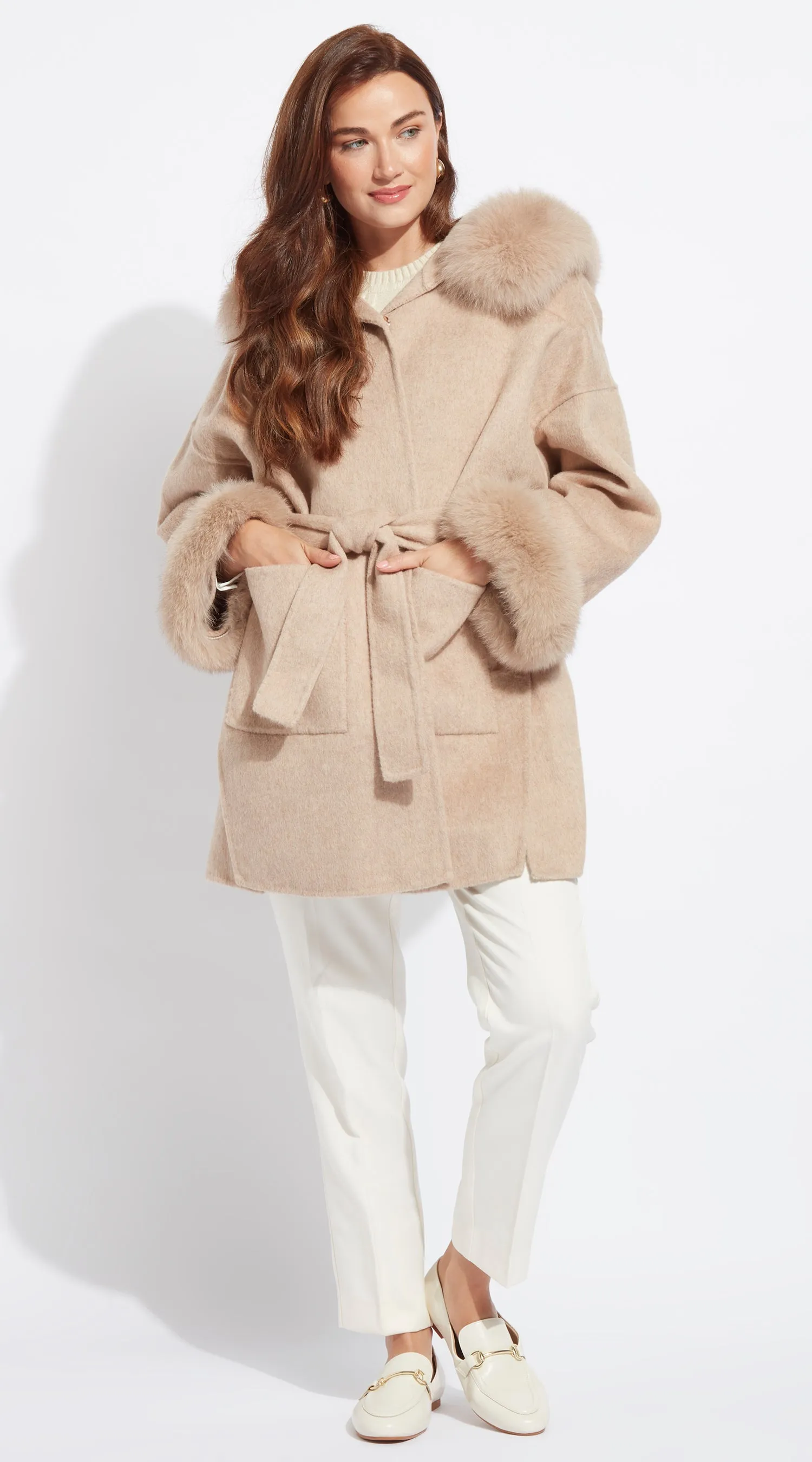 The London Cashmere & Fur Cuffed Belted Coat - Golden Beige