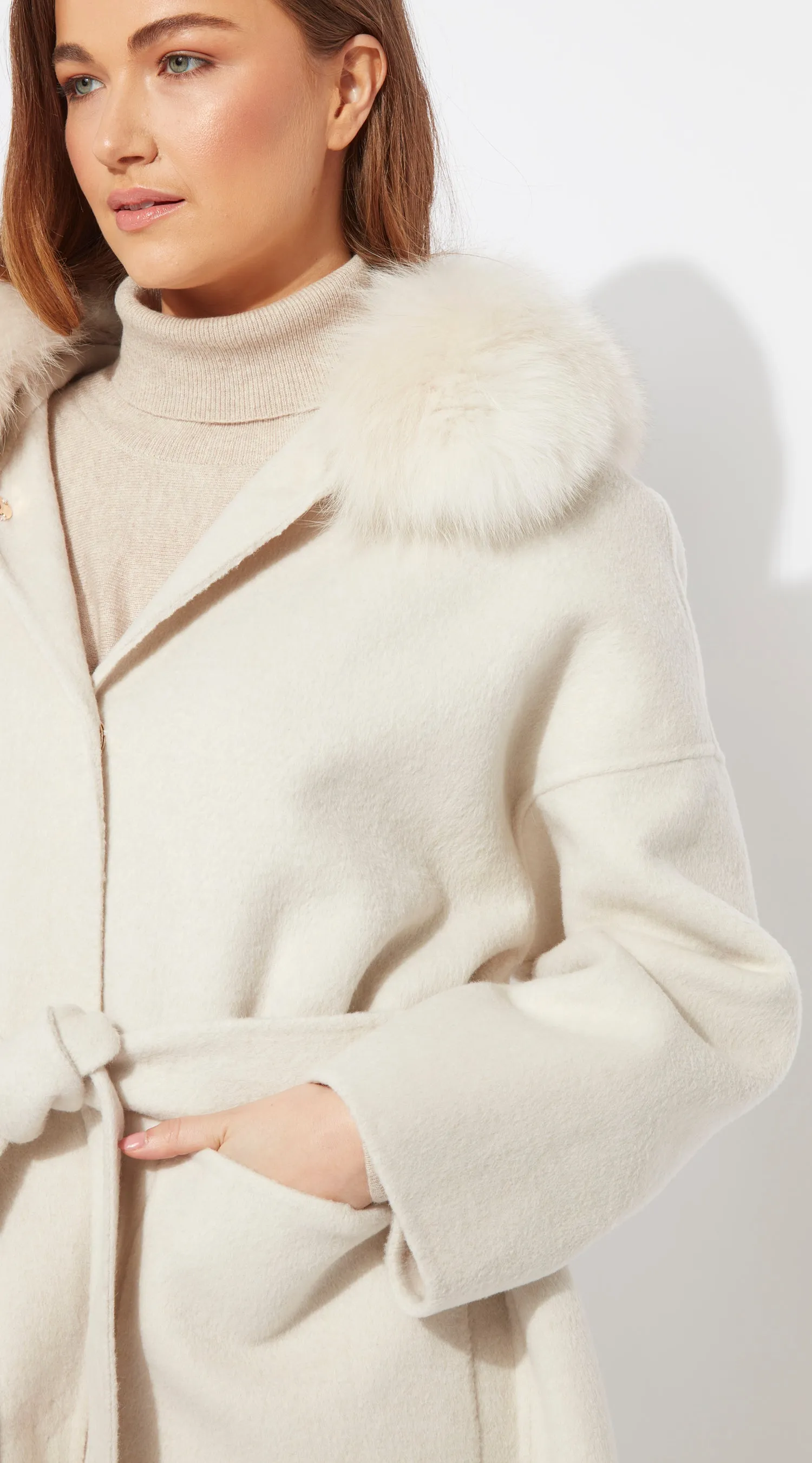 The Midi London Cashmere & Fox Fur Belted Coat - Buttermilk