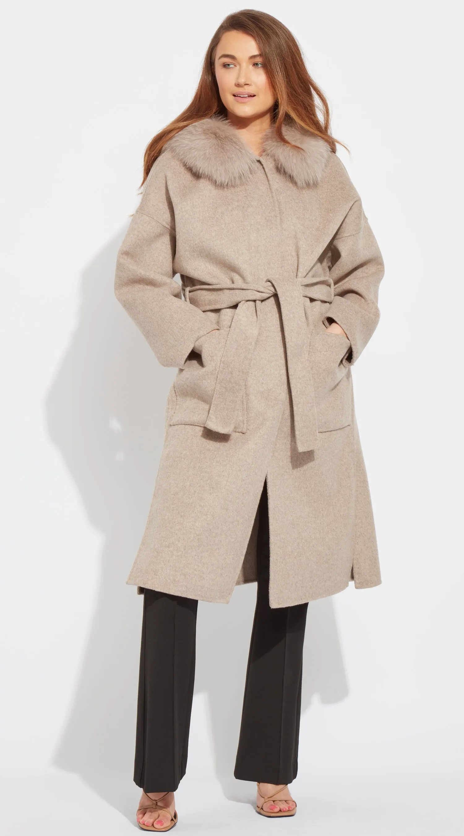 The Midi London Cashmere & Fox Fur Belted Coat - Taupe