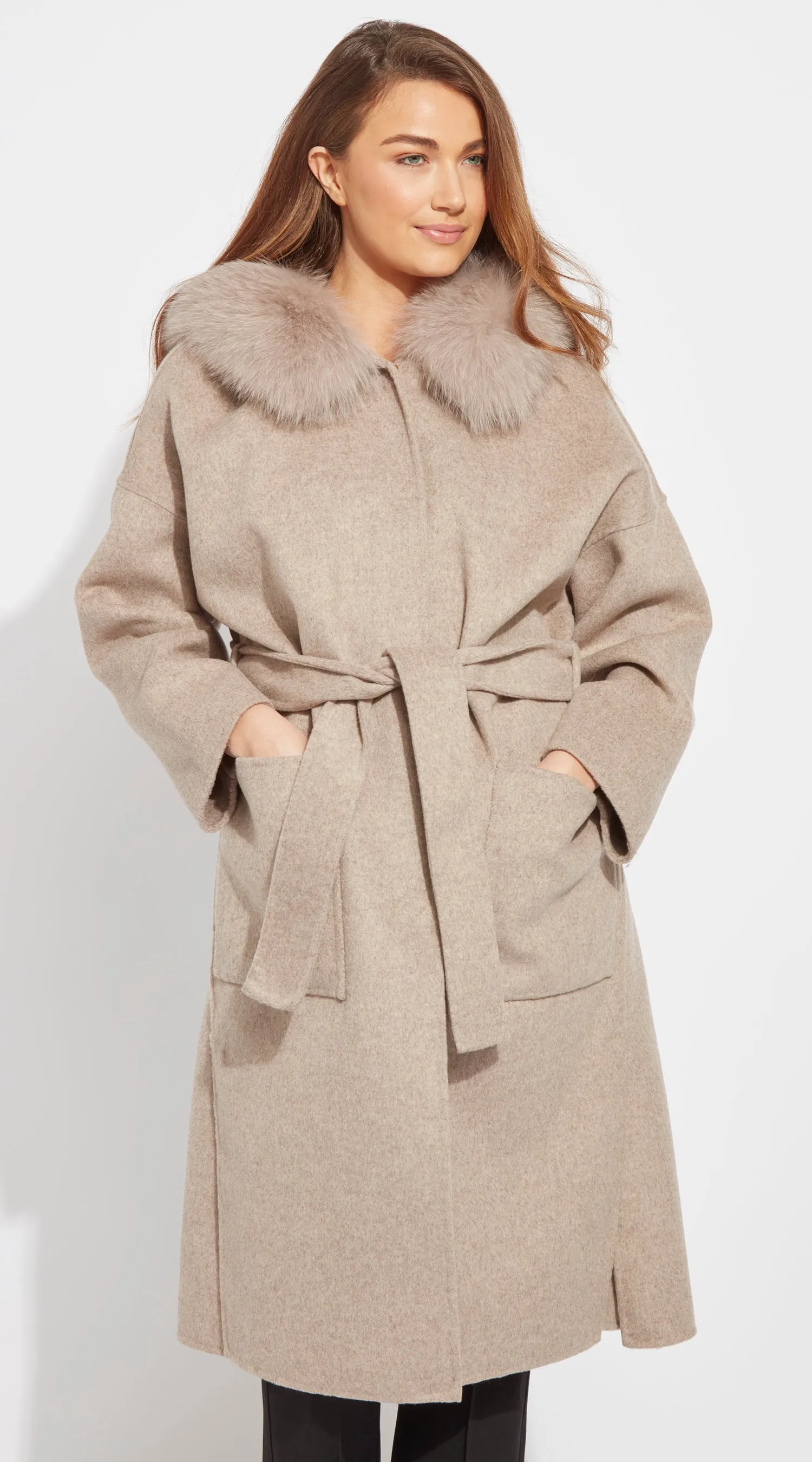 The Midi London Cashmere & Fox Fur Belted Coat - Taupe