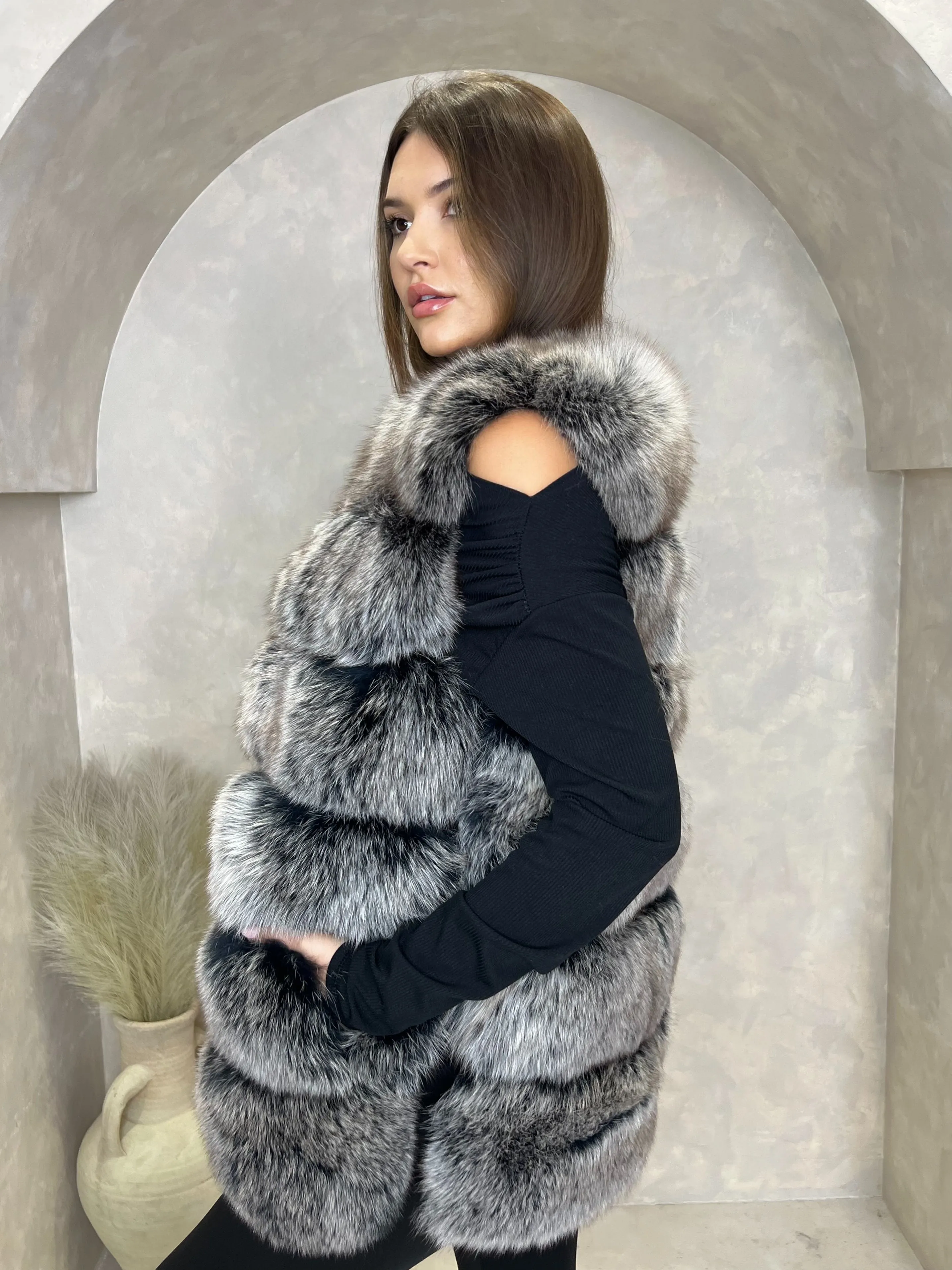 Two Tone Luxury Fur 6 Row Gilet