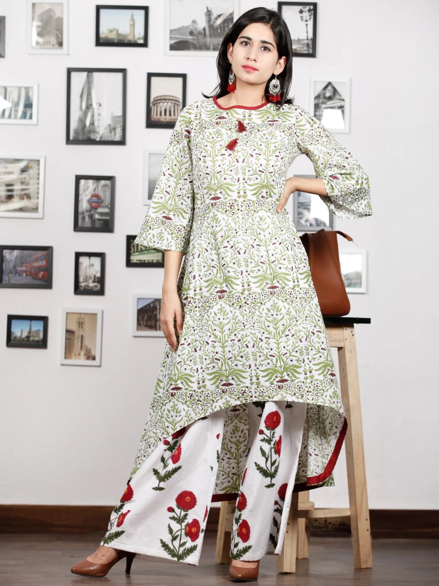 White Green Maroon Hand Block Printed Asymmetric Kurta With Culottes (Set of 2) - D285F1494