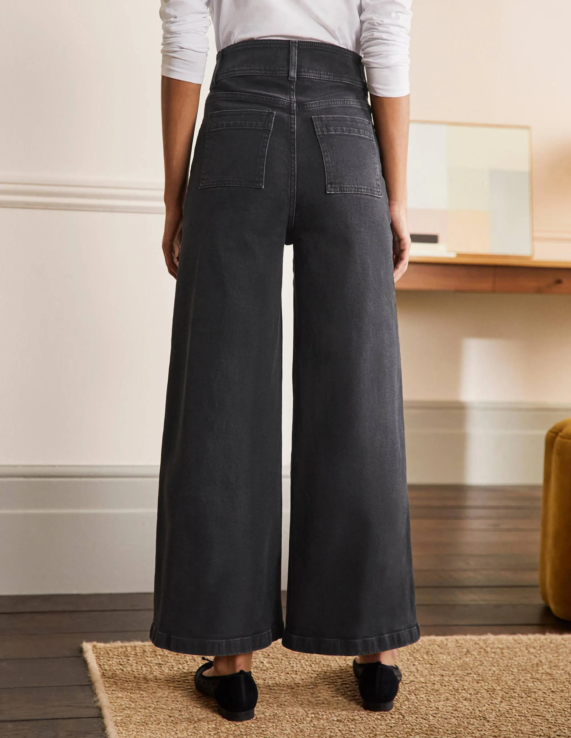 Wide Leg Denim Culottes-Washed Black