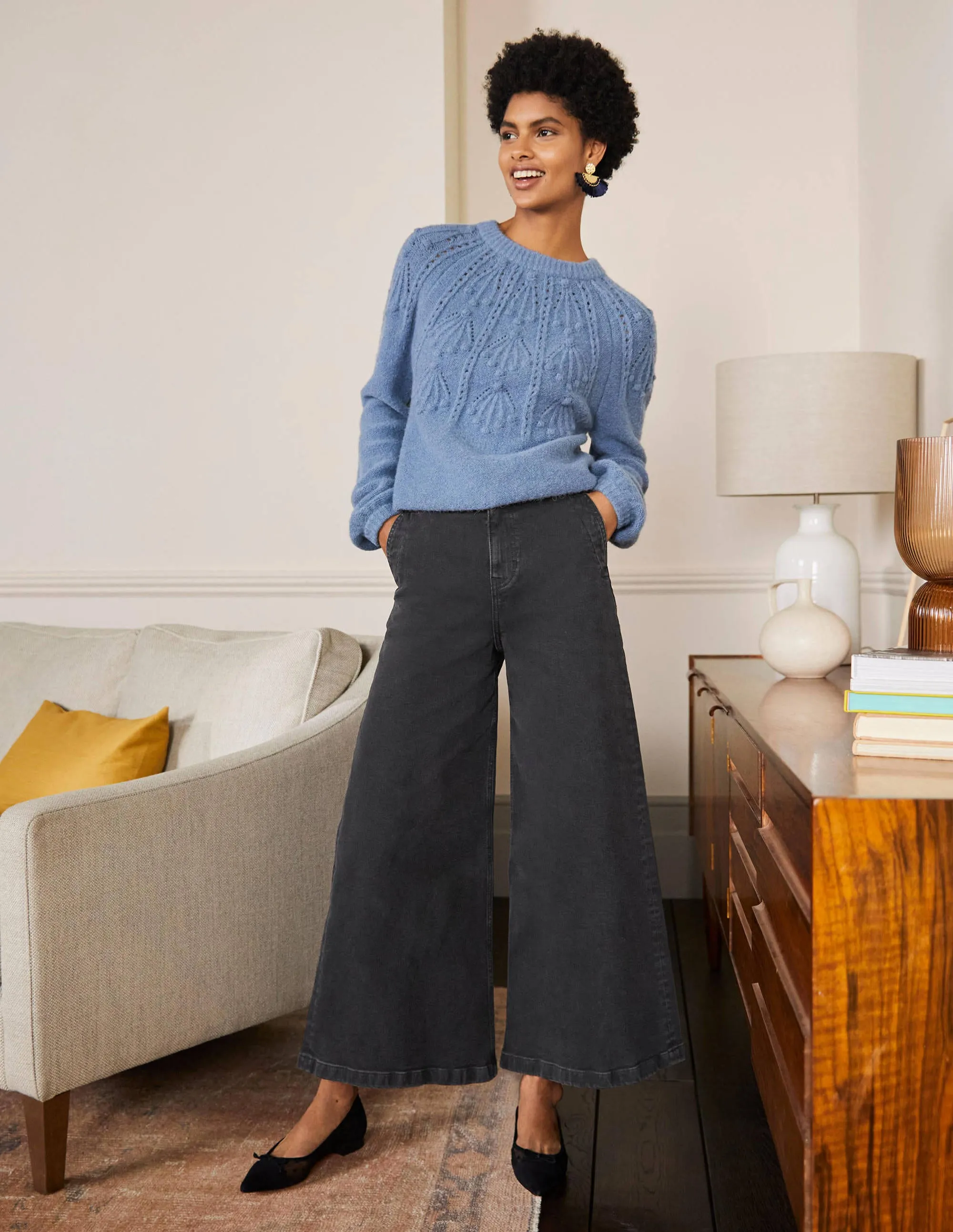 Wide Leg Denim Culottes-Washed Black