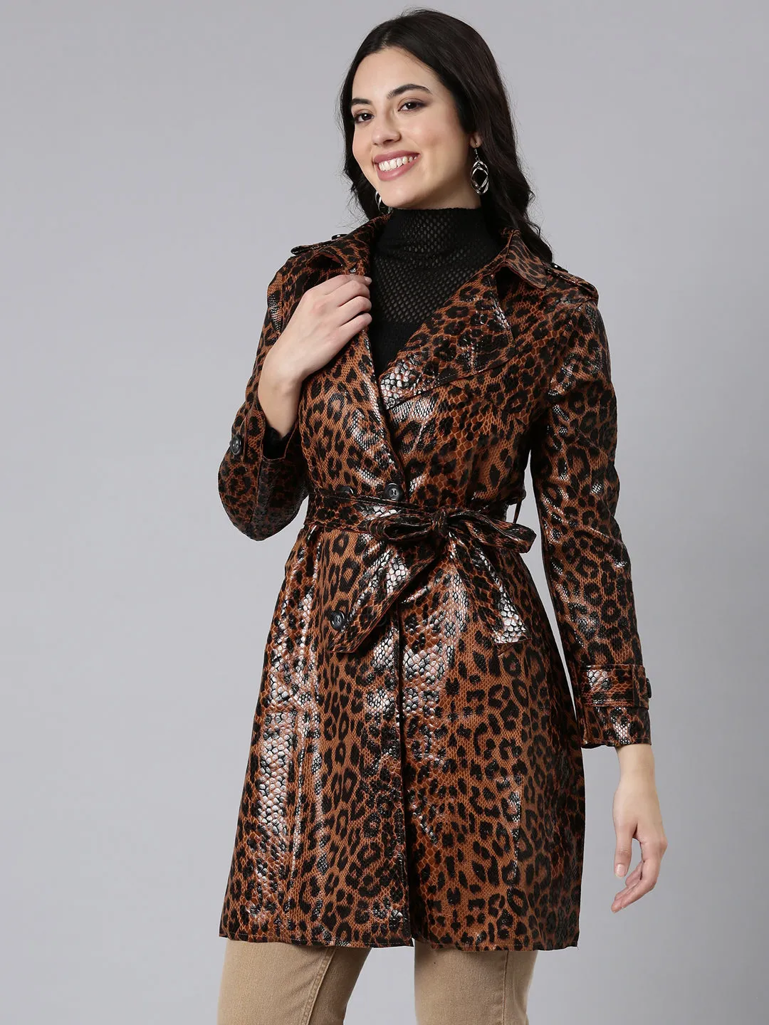 Women Animal Longline Brown Trench Coat comes with Belt