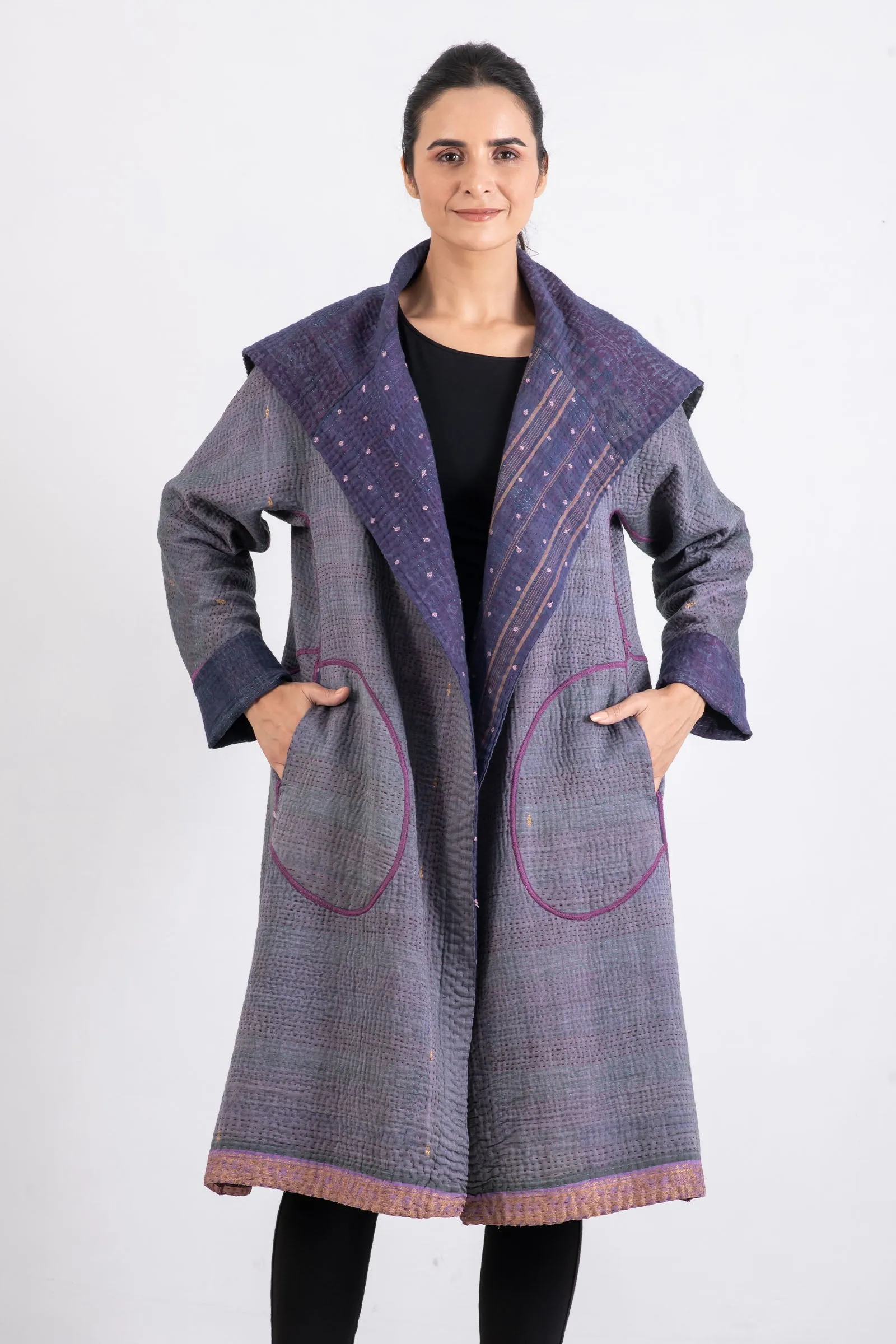 WOVEN VINTAGE COTTON KANTHA A-LINE COAT