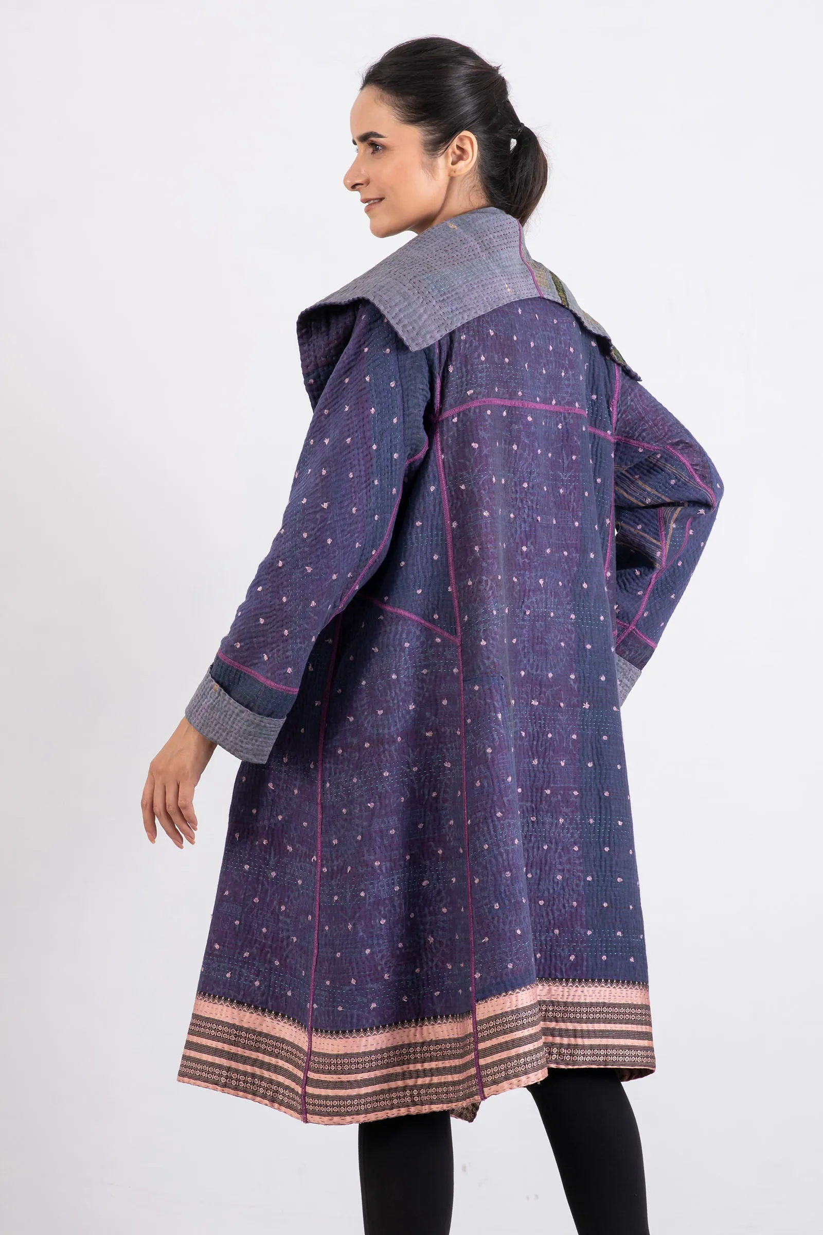 WOVEN VINTAGE COTTON KANTHA A-LINE COAT