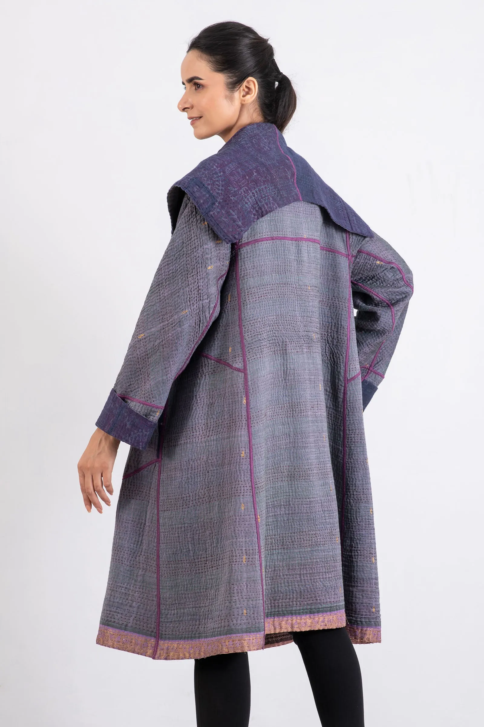 WOVEN VINTAGE COTTON KANTHA A-LINE COAT