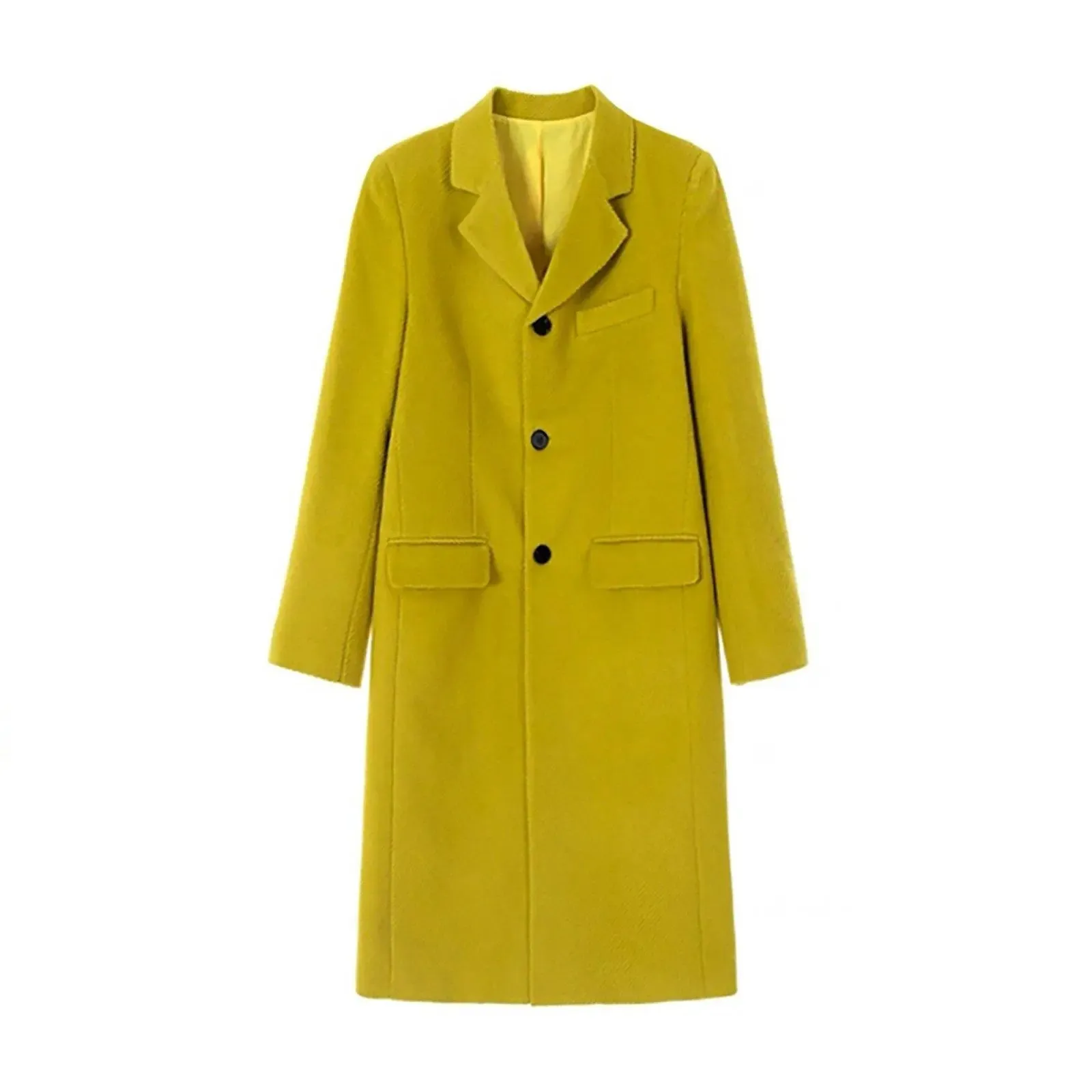 Yelllow Textured Wool Single Breasted Wool Blend Coat